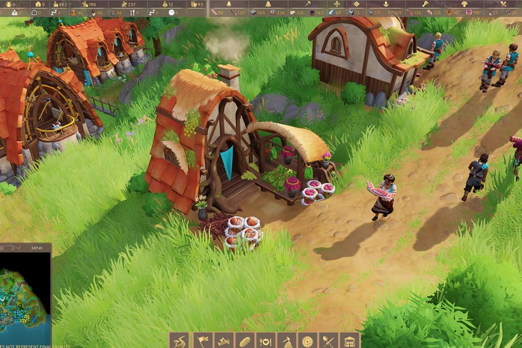 Screenshot aus dem Spiel Pioneers of Pagonia. In der Mitte ein Lager, auf dem Weg eine Trägermin mit Fleischstück in der Hand.