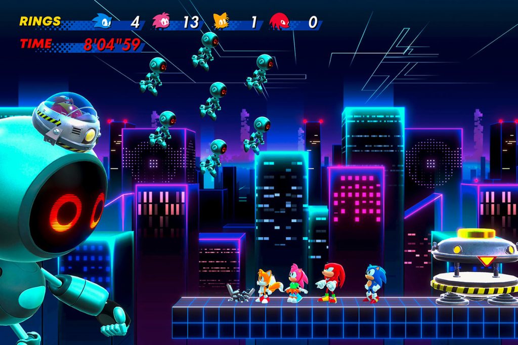 Screenshot aus dem Spiel Sonic Superstars, man sieht die vier Helden einem Roboter-Boss gegenüberstehen.
