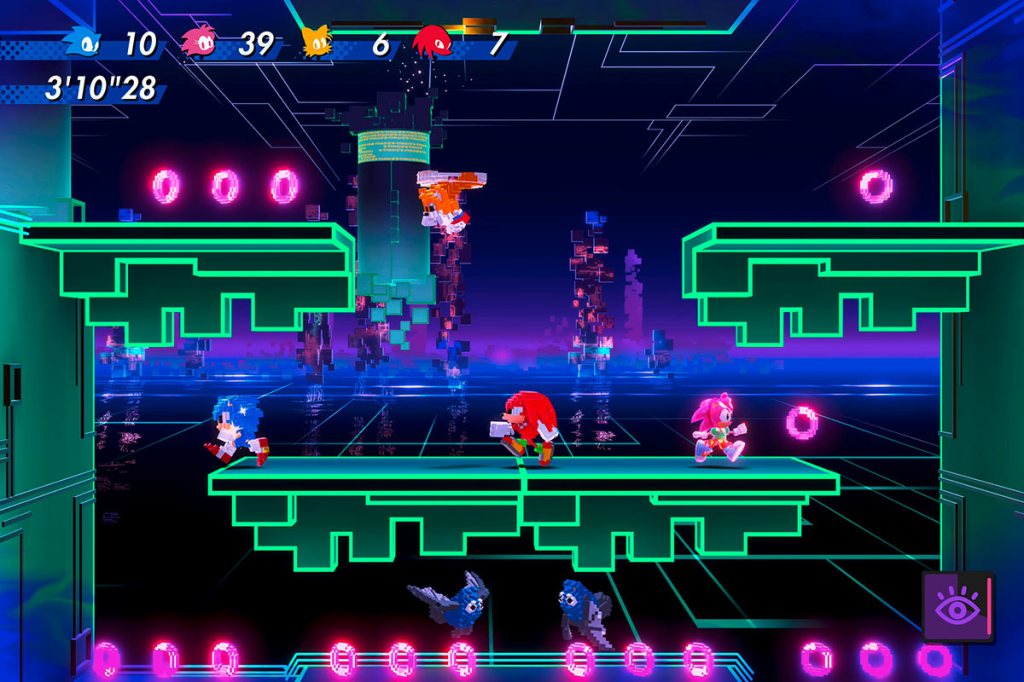 Screenshot aus dem Spiel Sonic Superstars, man sieht die vier Figuren in einer Art Cyberspace-Level.