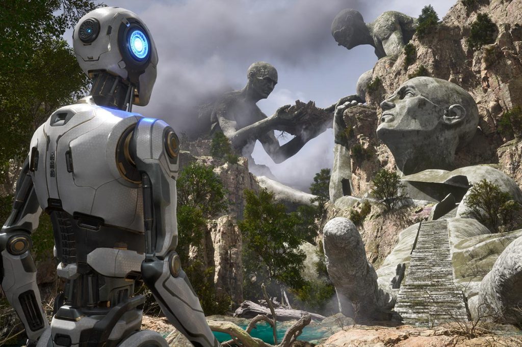Screenshot zum kommenden Videospiel The Talos Principle 2, man sieht einen Androiden der auf große Steinstatuen blickt.