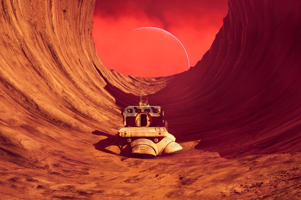 Bild einer kleinen Basis auf einem roten Planeten. Aus dem Spiel The Invincible.