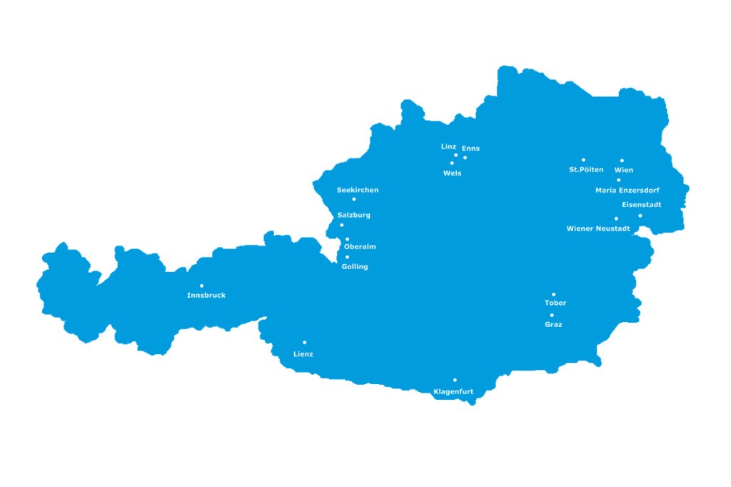 Blaue Karte von Österreich mit weiß eingezeichneten Orten
