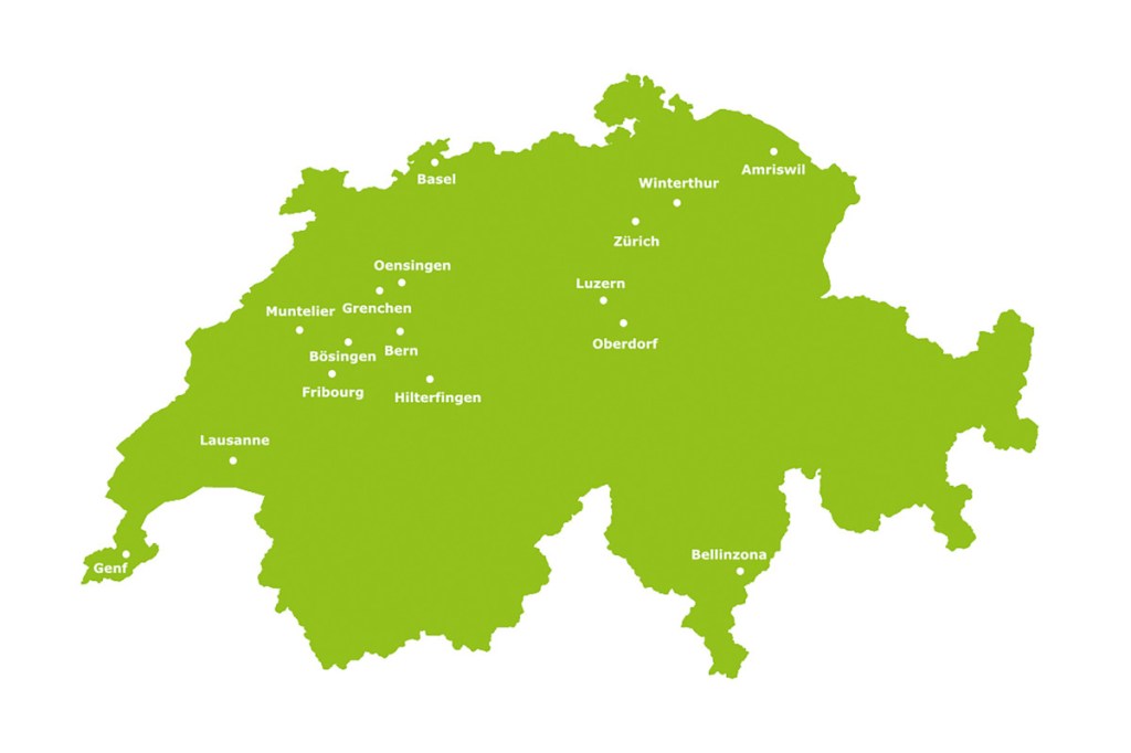 Grüne Karte von Schweiz mit weiß eingezeichneten Orten