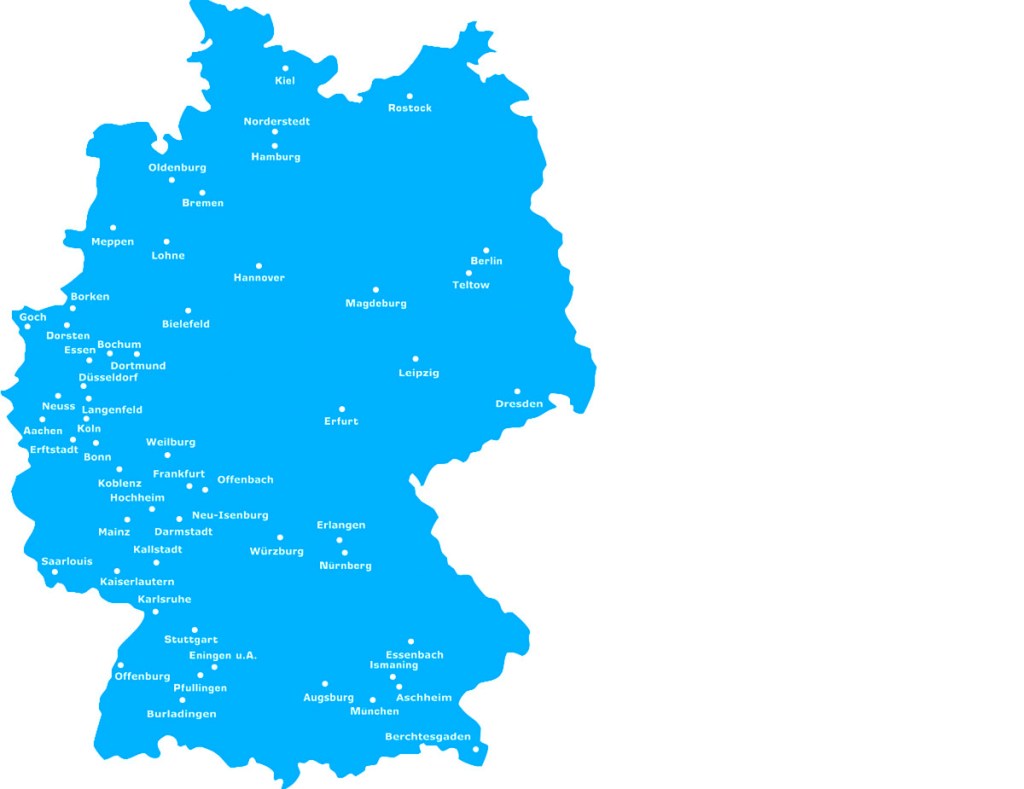 Blaue Deutschlandkarte mit verschieden in weiß eingezeichneten Ortsnamen 