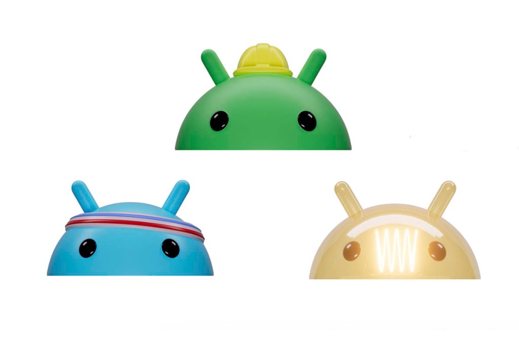 Bugdriud in drei Designs: blau mit einem Schweißband, grün mit einem Bauarbeiter-Helm oder gelb mit einem Glühbirnendraht im Kopf