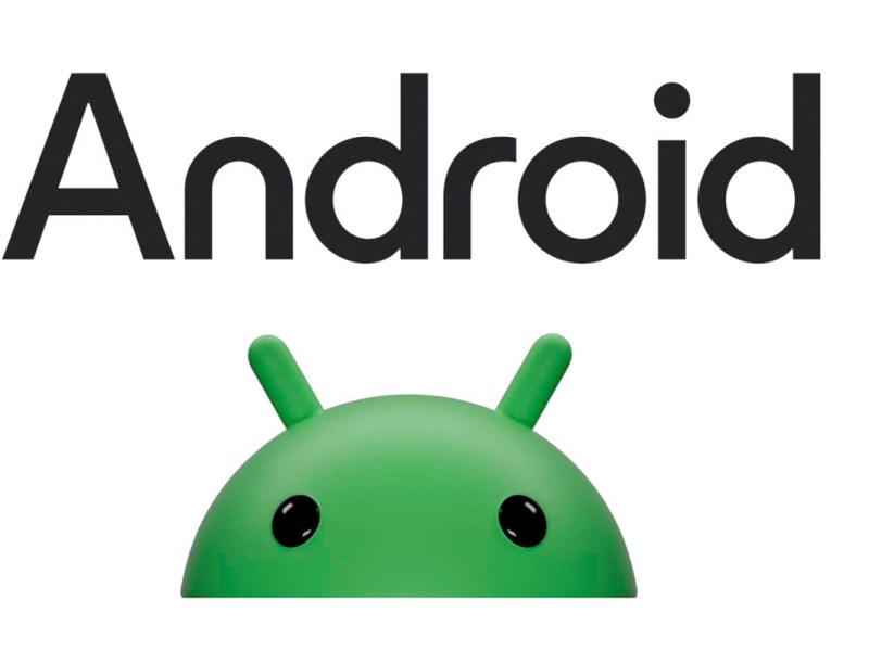 "Android" als schwarzer Schriftzug auf weißenm Grund, darunter der Kopf des grünen Logo-Roboters