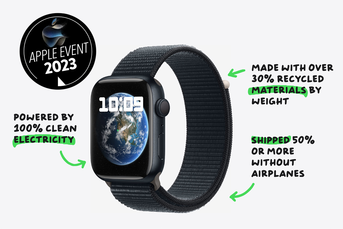 Bild einer Apple Watch 9, mit Texteinblendungen davor, die Nachhaltigkeitsaspekte behandeln.