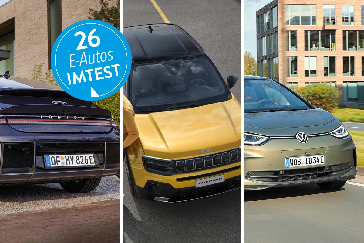 E-Autos verschiedener Hersteller auf einem dreigeteiltem Bild.