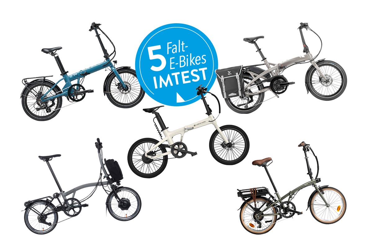 Fünf Falt-E-Bikes verschiedener Hersteller auf weißem Grund.