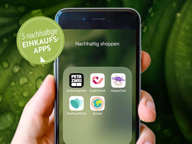 Eine Hand hält ein Smartphone, mit nachhaltigen Shopping-Apps auf dem Display