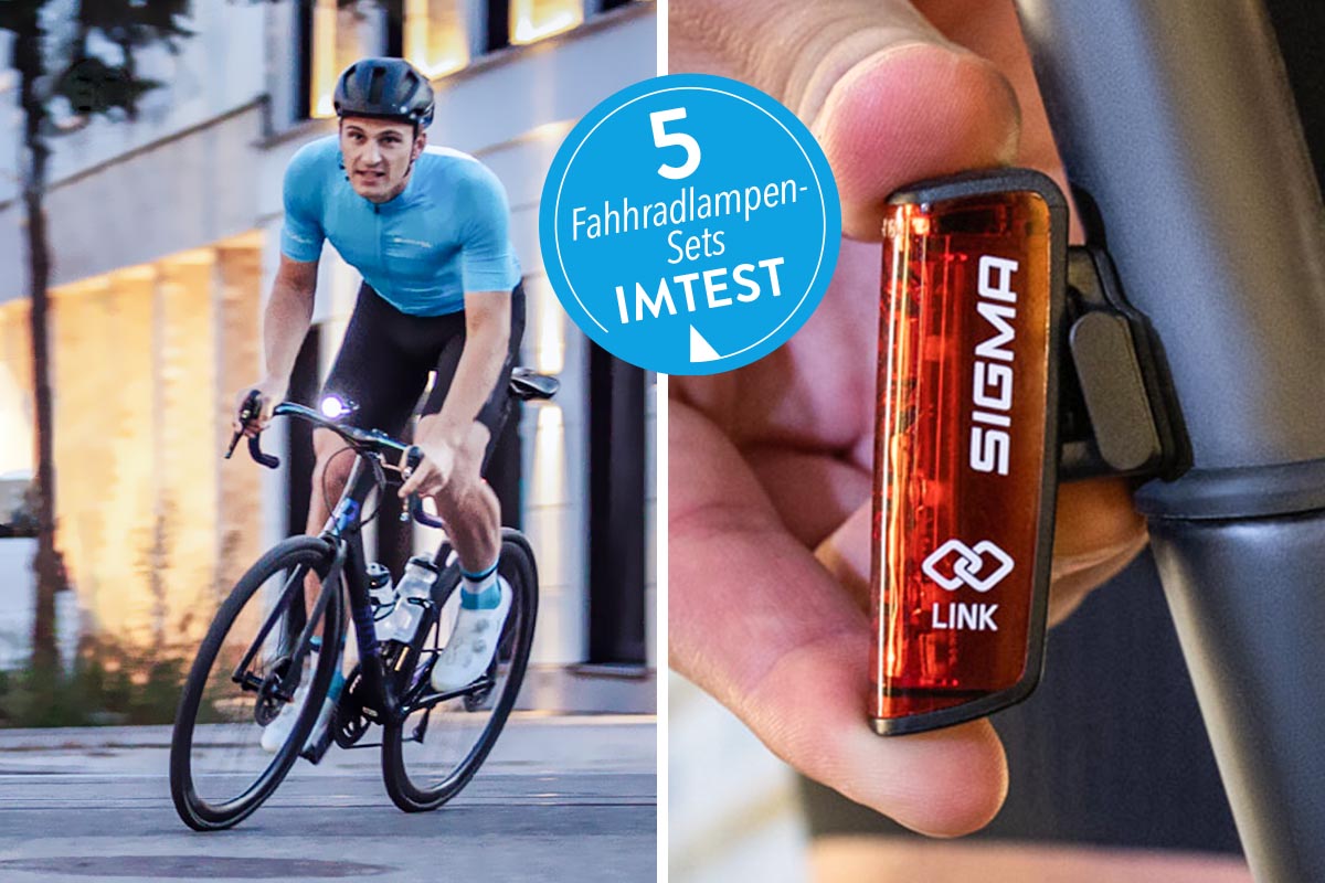 Fahrradbeleuchtung von Sigma auf einem zweigeteiltem Bild.