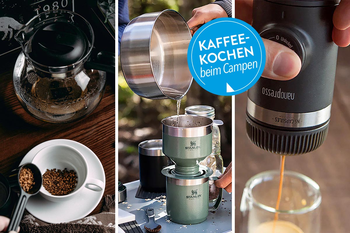 Dreigeteiltes Bild, das verschiedene Kaffee-Zubreitungs-Methoden zeit. Wie: Löslicher Kaffee, gefilterter Kaffee und Kaffeepresse.