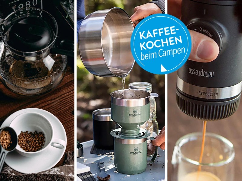 Dreigeteiltes Bild, das verschiedene Kaffee-Zubreitungs-Methoden zeit. Wie: Löslicher Kaffee, gefilterter Kaffee und Kaffeepresse.