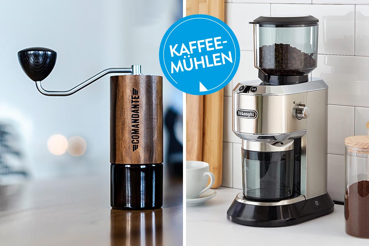 Eine manuelle und elektrische Kaffeemühle auf einem zweigeteiltem Bild.