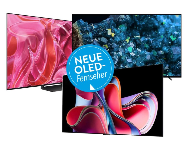 Drei OLED-Fernseher mit bunten Bildschirmen auf weißem Hintergrund; in der Mitte ein blauer Sticker mit weißer Schrift "Neue OLED-Fernseher"