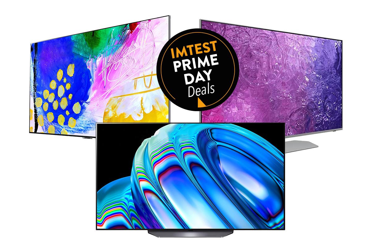 Drei Fernseher zu Dreieck angeordnet mit je bunten Bildschirmen auf weißem Hintergrund mit schwarzem Button oben mittig "IMTEST Prime Day Deals"