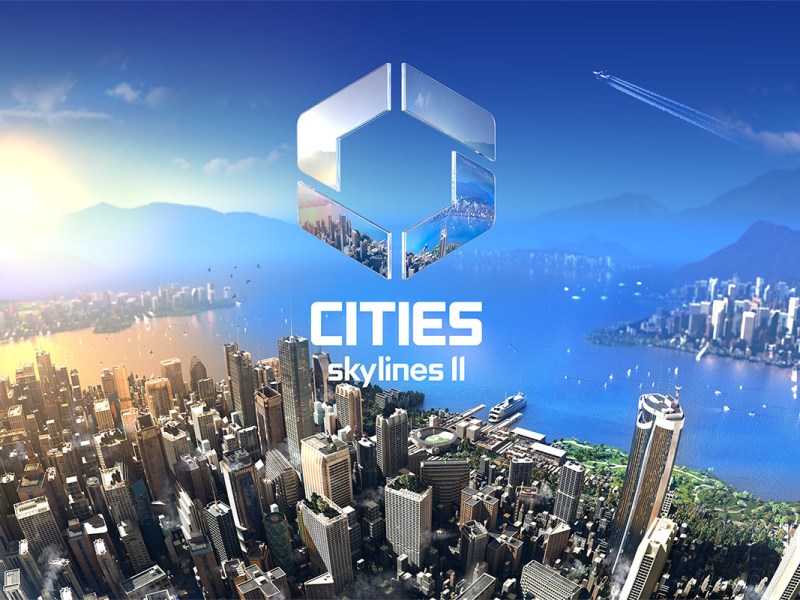 Das Artwork des Spiels Cities: Skylines 2. Vorne Wolkenkratzer vor Wasser und Bergen im Hintergrund