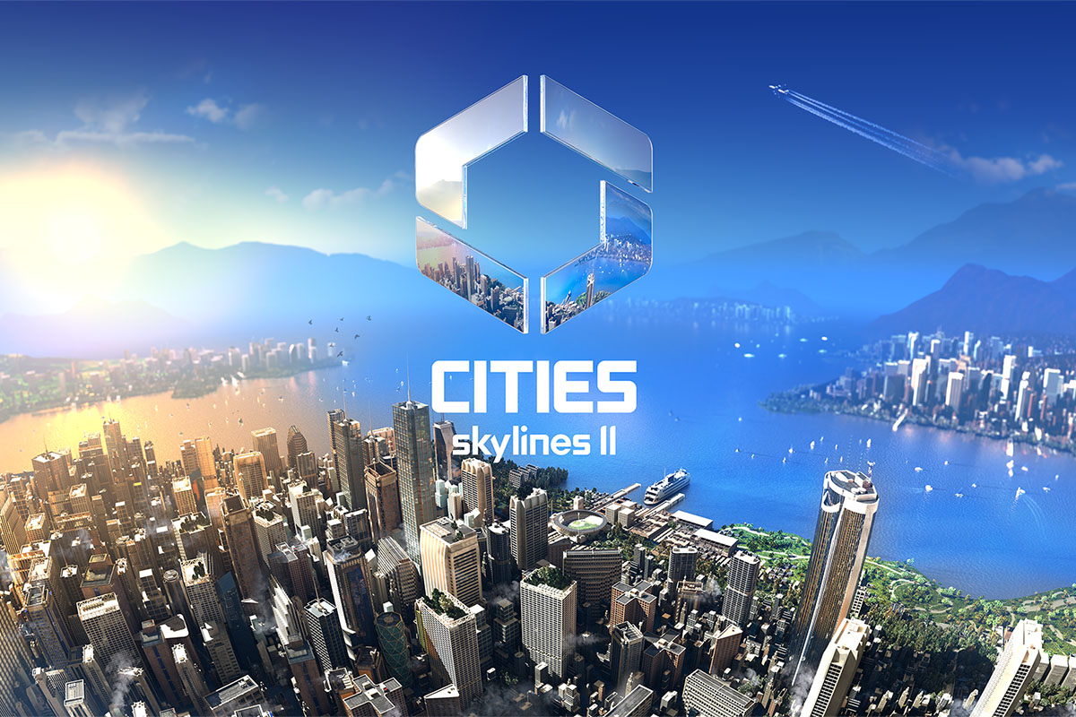 Das Artwork des Spiels Cities: Skylines 2. Vorne Wolkenkratzer vor Wasser und Bergen im Hintergrund