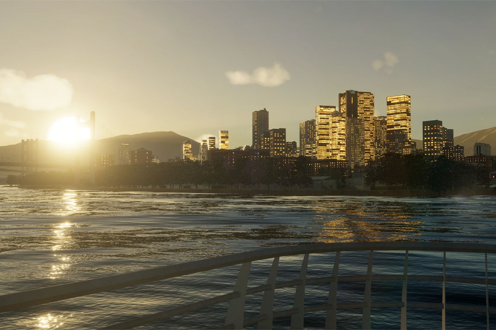 Ein Screenshot aus Cities: Skylines 2. Links die untergehende Sonne, recht die Skyline der Stadt.
