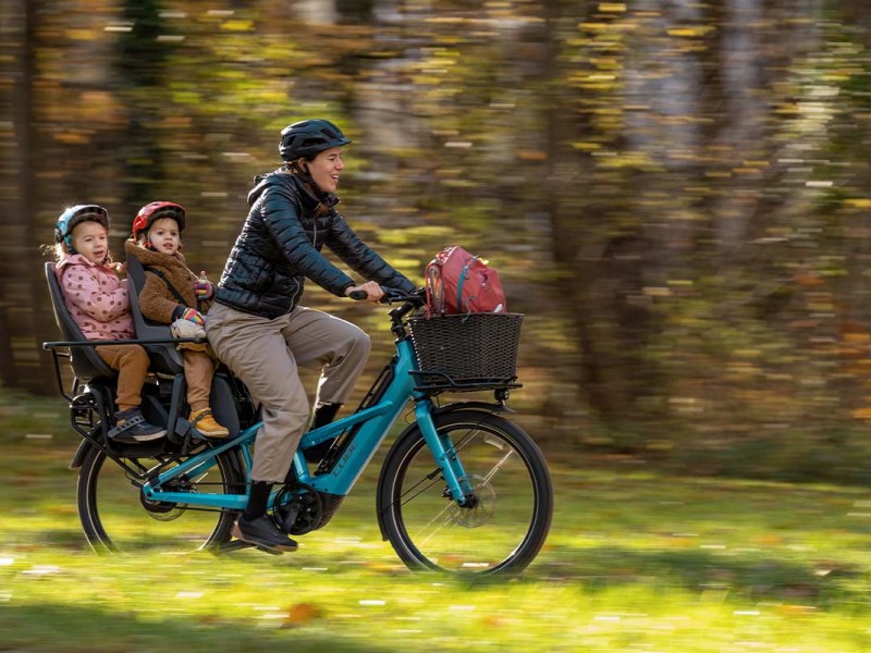 Frau fährt mit einem Fahrrad durch einen Park, auf ihrem Gepäckträger sitzen zwei Kinder in einem Kindersitz