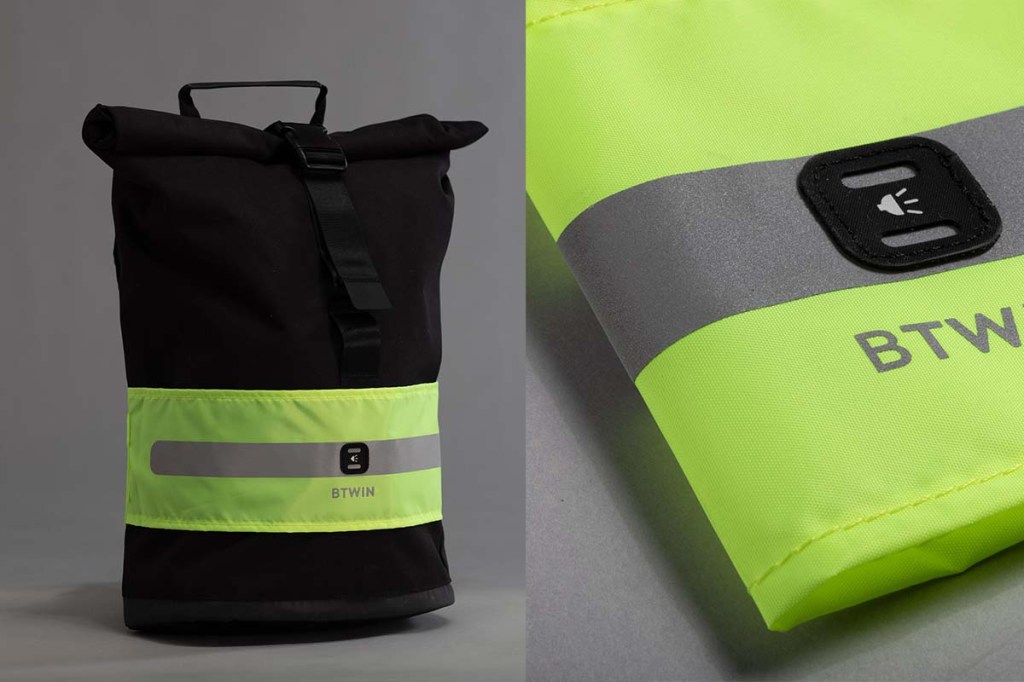 zweigeteiltes Bild - links: rucksack, der mit einem Reflektorband umwickelt ist, rechts detailaufnahme reflketorband