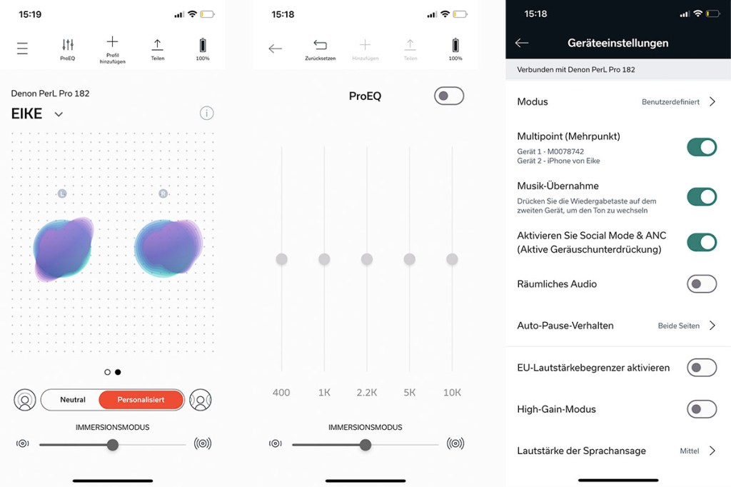 Die Bildschirme der Denon-App, nebeneinander aufgereiht