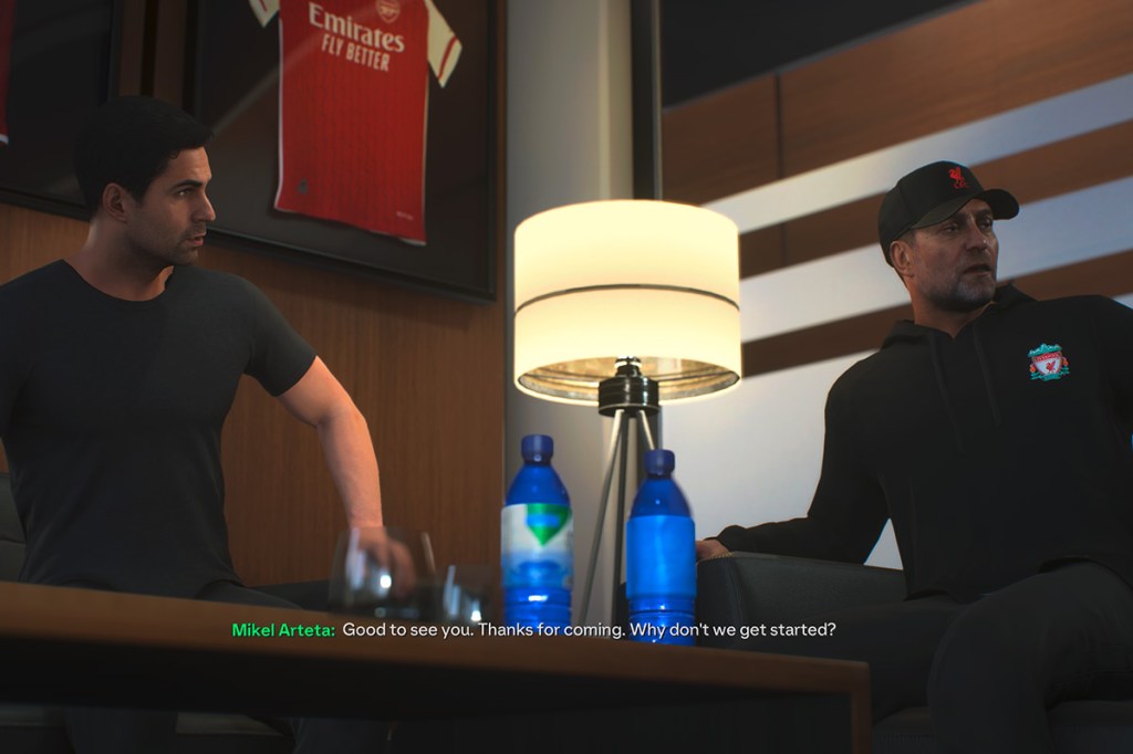 Ein Screenshot aus dem Spiel FC 24. Zu sehen sind zwei Trainer bei Verhandlungen.