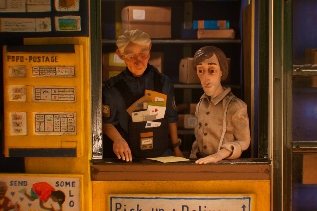Screenshot vom Spiel Harold Halibut, man sieht zwei Männer in einem Postamt, in Stop-Motion-Optik.