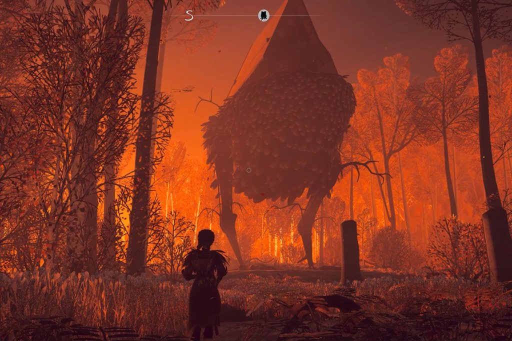 Screenshot vom Spiel Reka, man sieht einen düsteren Wald in Rot-Tönen und ein Hexenhaus auf Hühnerbeinen.