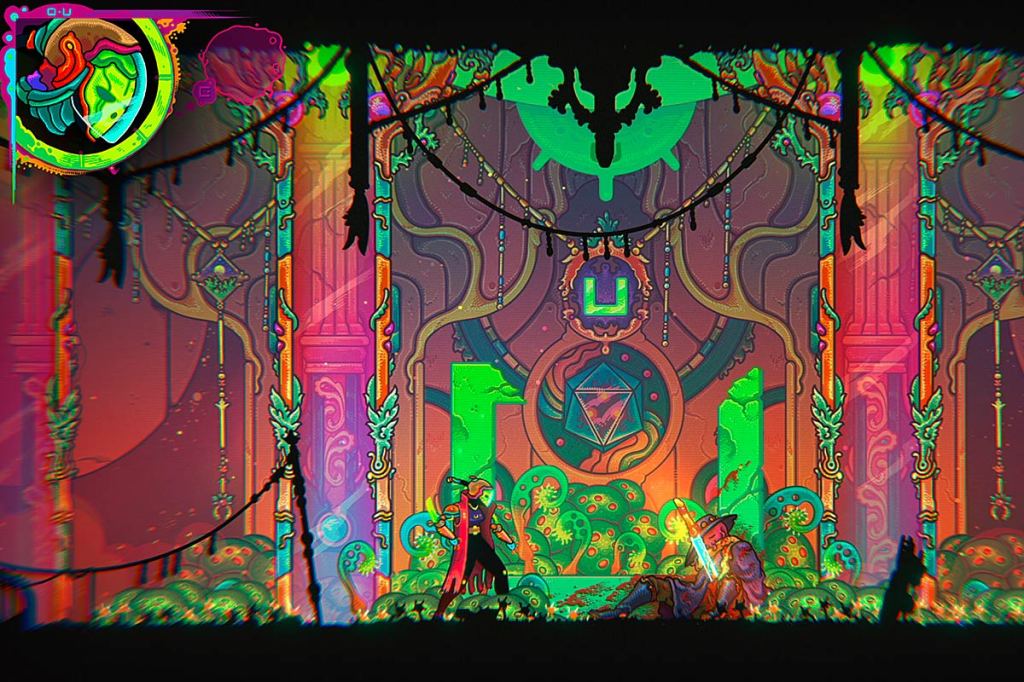 Screenshot vom Spiel Ultros, es ist eine bunte Neonwelt in 2D zu sehen.