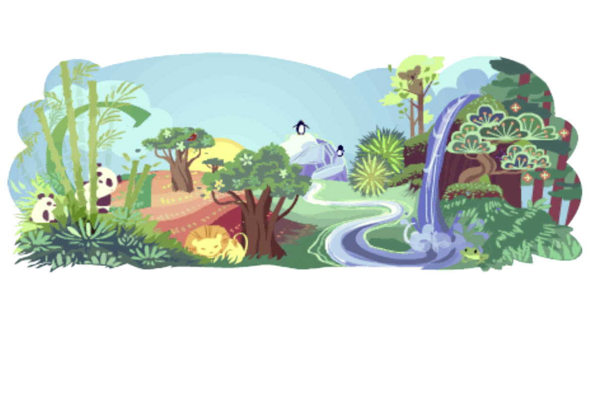 Das Google zeigt einen Paradiesgarten mit Pandas, einem Löwen und einem Pinguin.