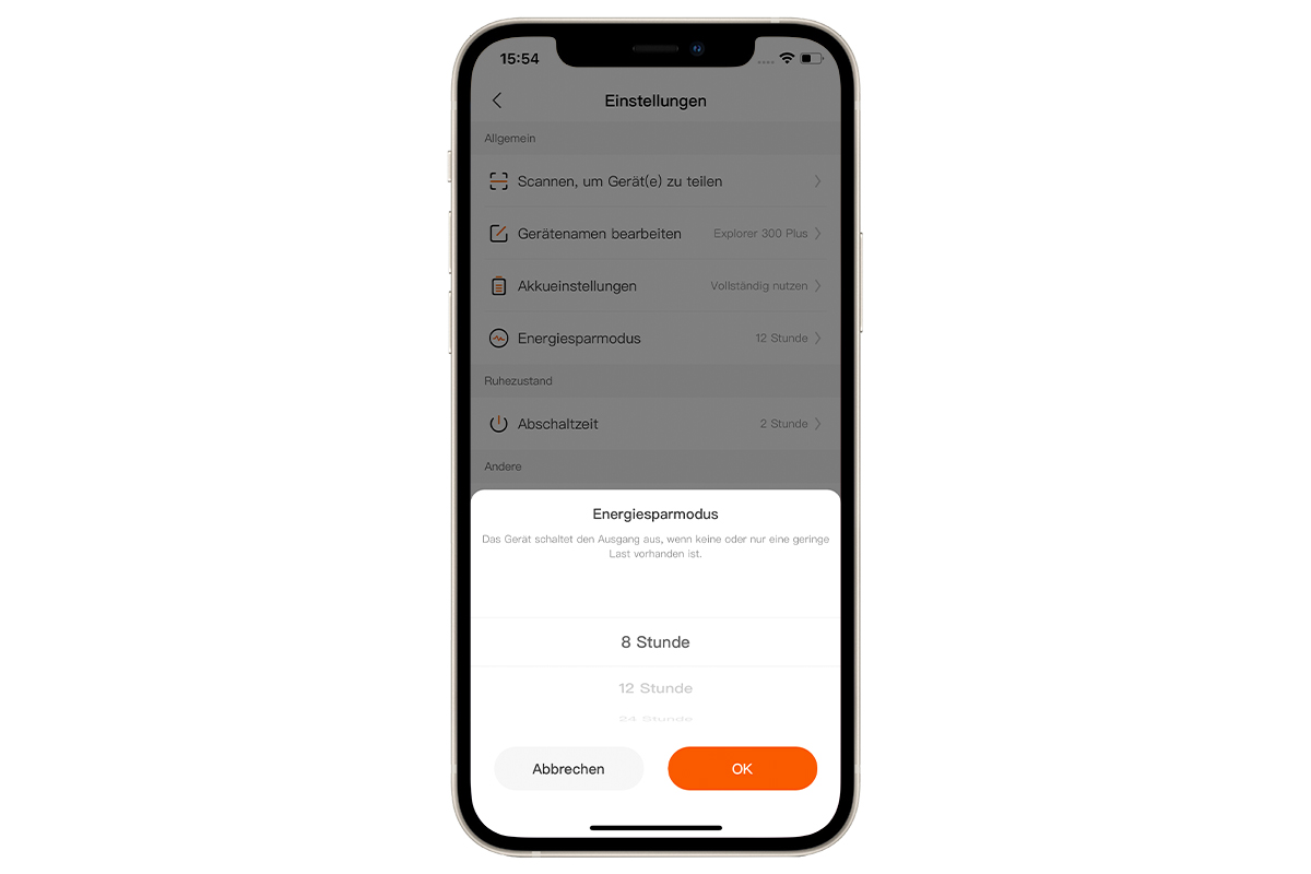 Ein Screenshot der Jackery-App auf einem Smartphone auf weißem Hintergrund.