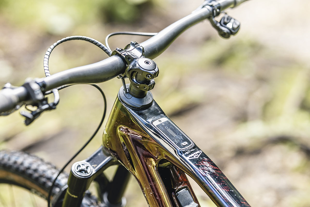 Detailaufnahme des Bedienmoduls (Head Unit) bei einem Fully E-Mountainbike von Stevens, die sich auf der Mittelstange des Bikes befindet.