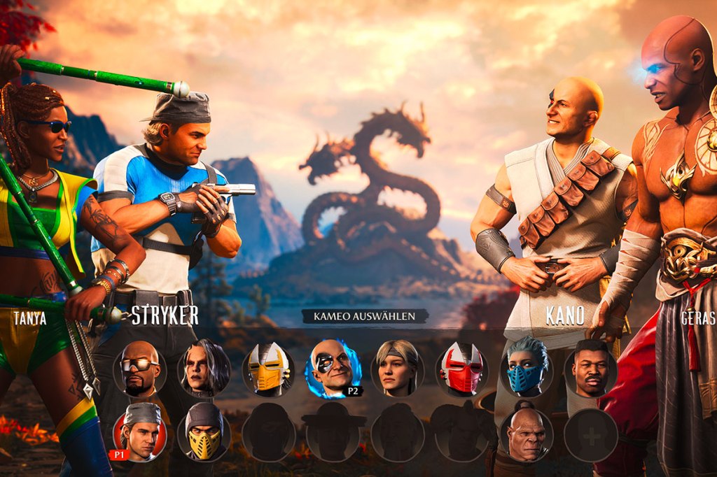 Screenshot aus dem Spiel Mortal Kombat 1 – man sieht die Charakter-Auswahl der Cameo-Kämpfer.