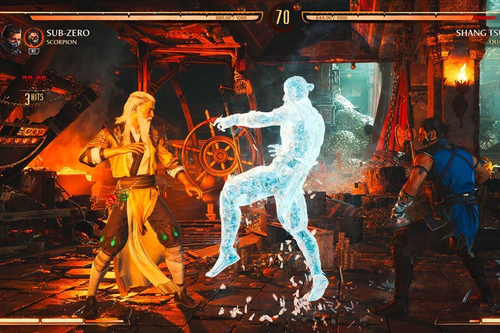 Screenshot aus dem Spiel Mortal Kombat 1 – Sub-Zero kämpft gegen Shang Tsung.