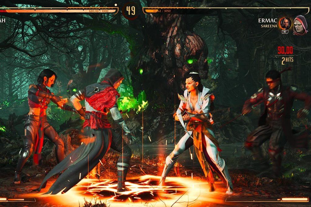 Screenshot aus dem Spiel Mortal Kombat 1 – vier Kämpfer sind gleichzeitig auf dem Bildschirm.