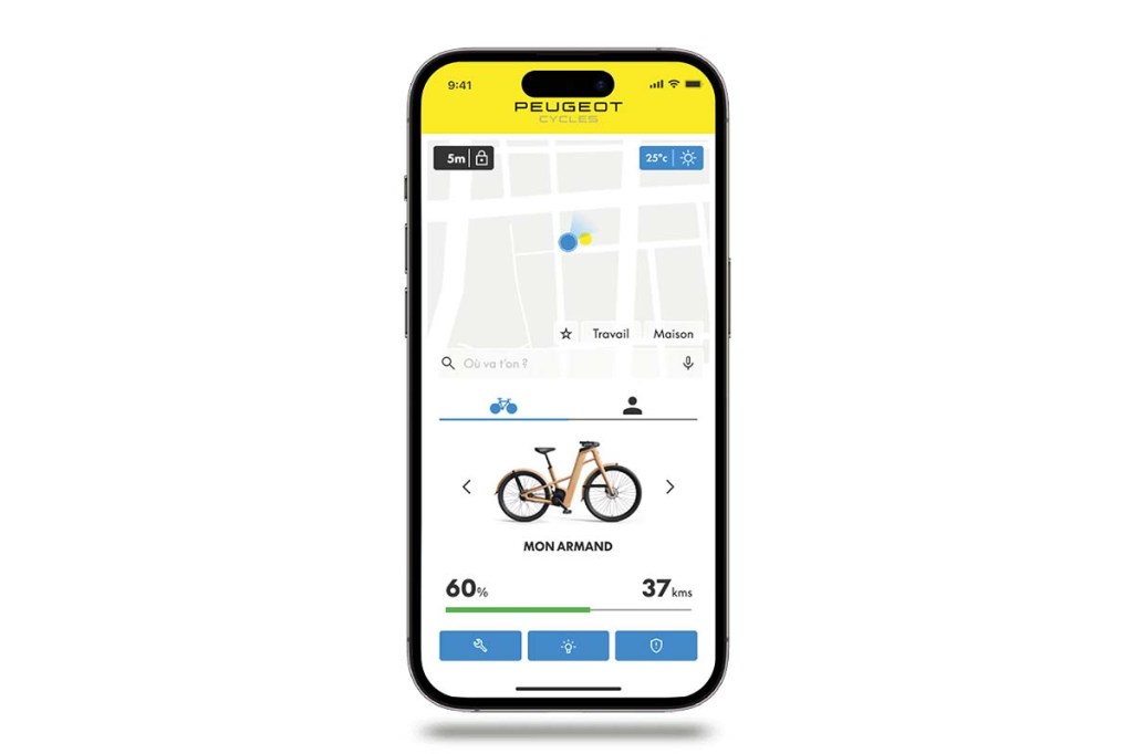 Smartphonebildschirm, zeigt Einstellungsmöglichkeiten für ein Peugeot-e-Bike