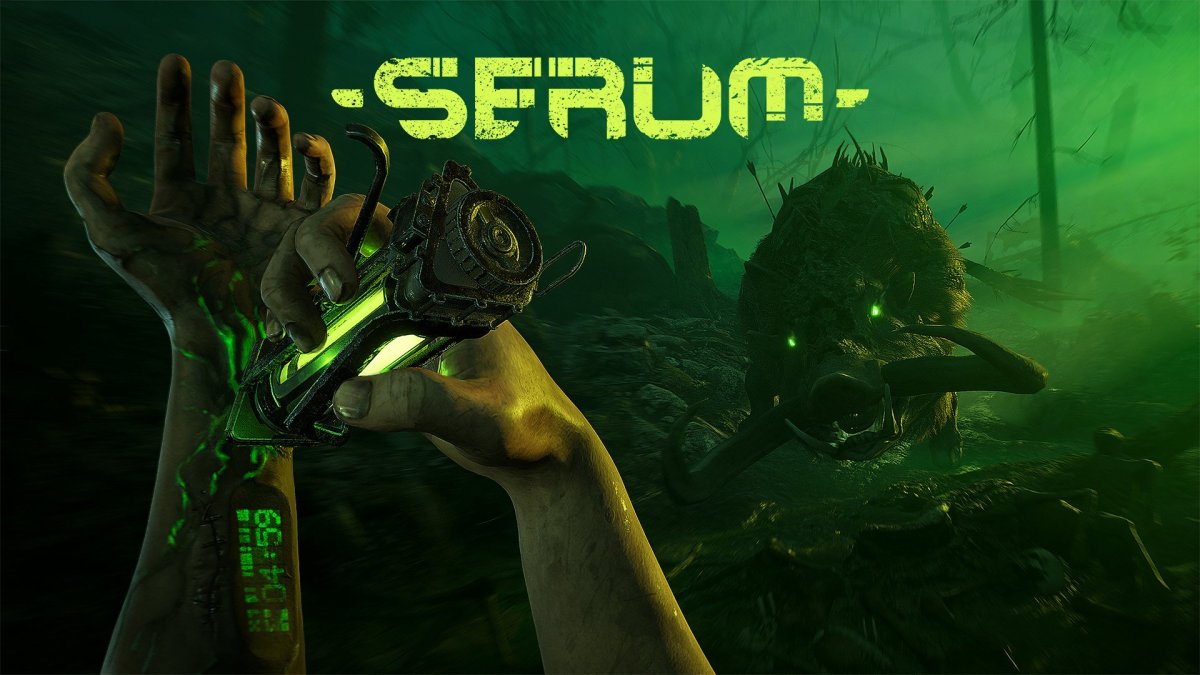 Titelbild des Spiels Serum - ein Mensch rammt sich eine Spritze mit grünem Inhalt in den Arm, im Hintergrund stürmt ein Wildschwein mit grün leuchtenden Augen heran