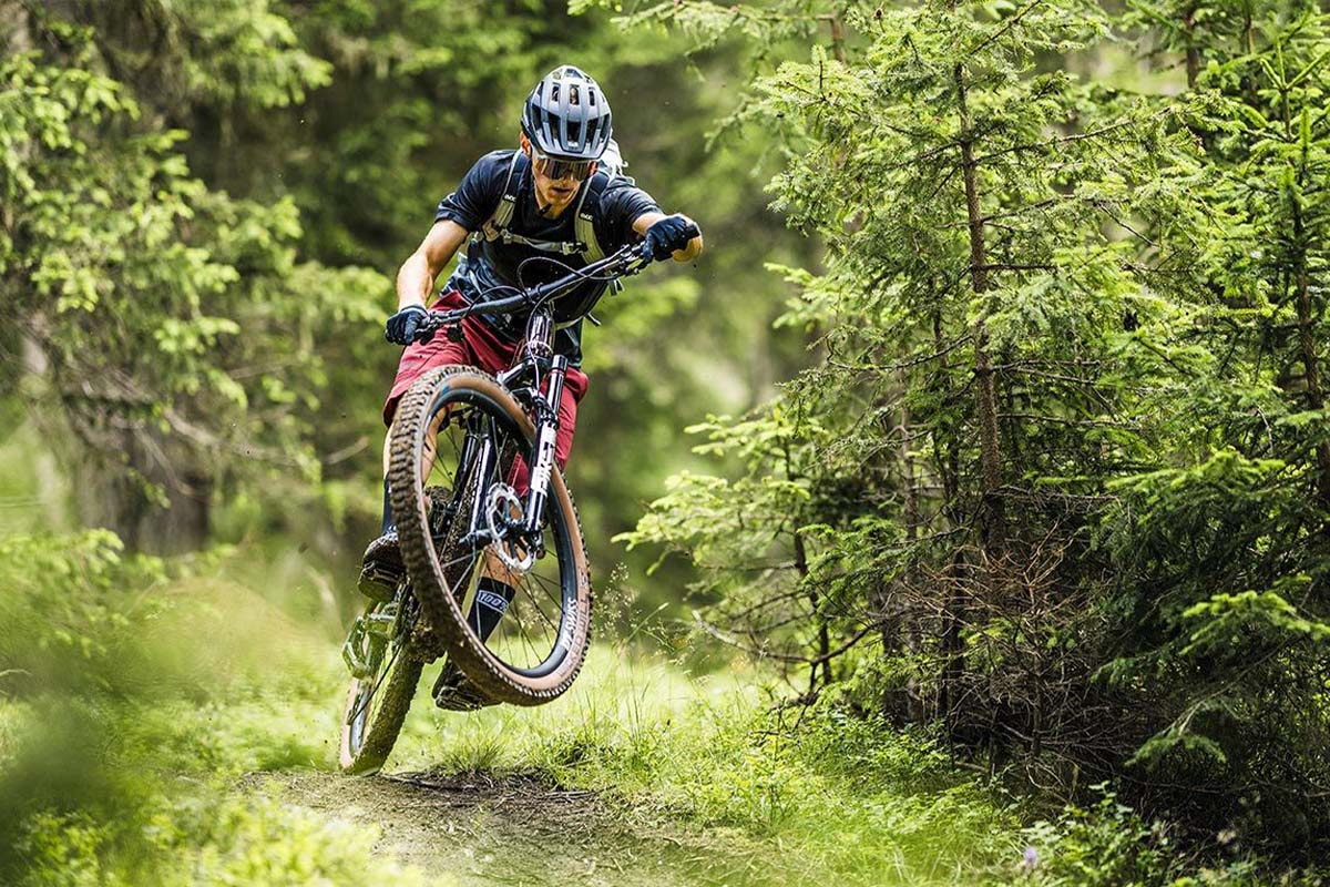 Mountainbikefahrer im Wald von vorne, macht gerade einen kleinen Sprung