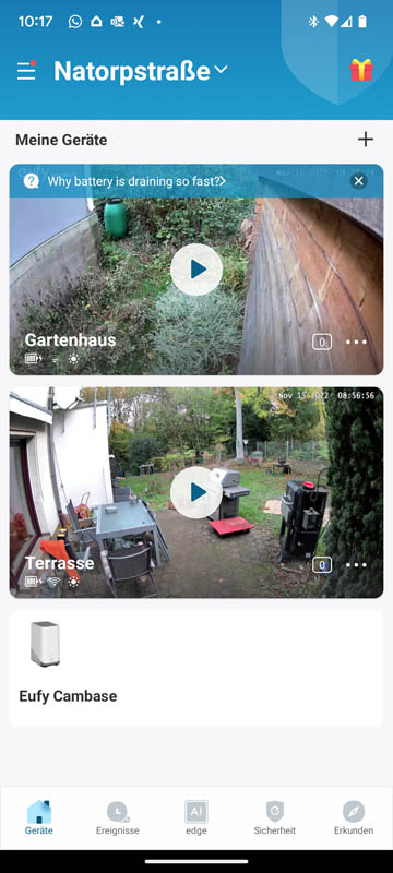 Die Startseite der App mit der Übersicht über die Kamerabilder