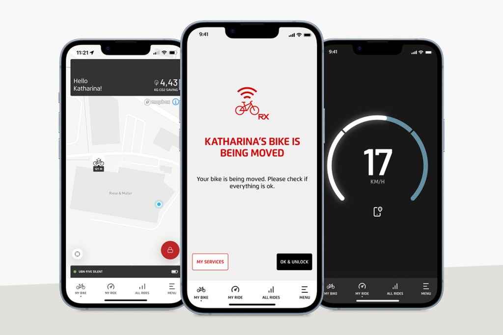 Drei Smartphones mit geöffneter RX Service ConnectRide-Anwendung für das Riese & Müller E-Bike Swing4.