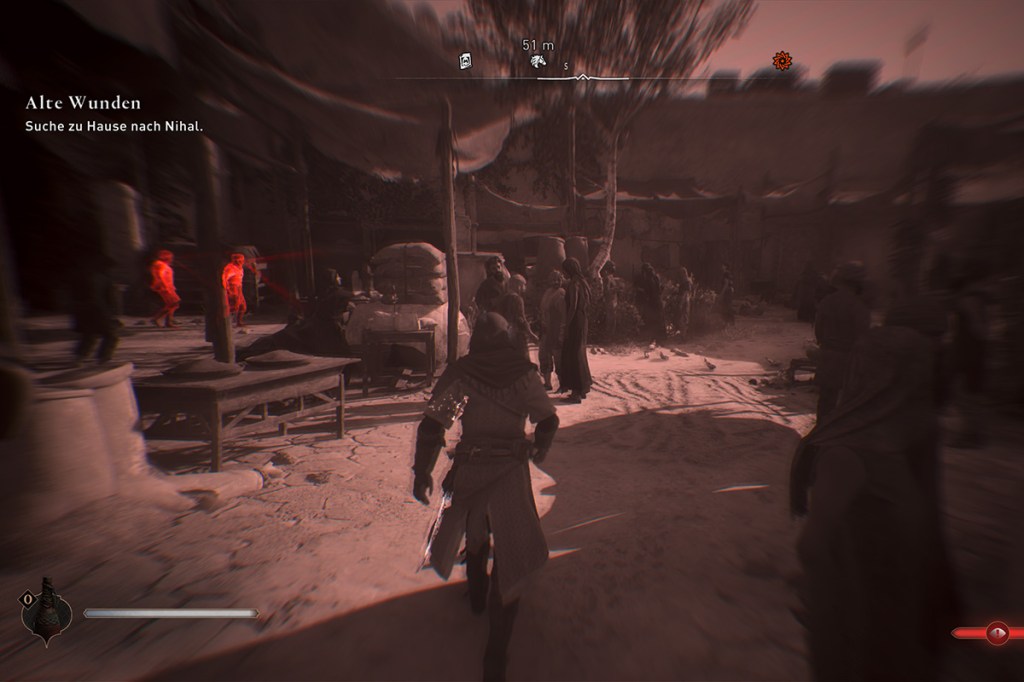 Ein Screenshot aus dem Spiel Assassin's Creed Mirage, zu sehen ist der Sichtmodus, der Feinde rot hervorhebt.