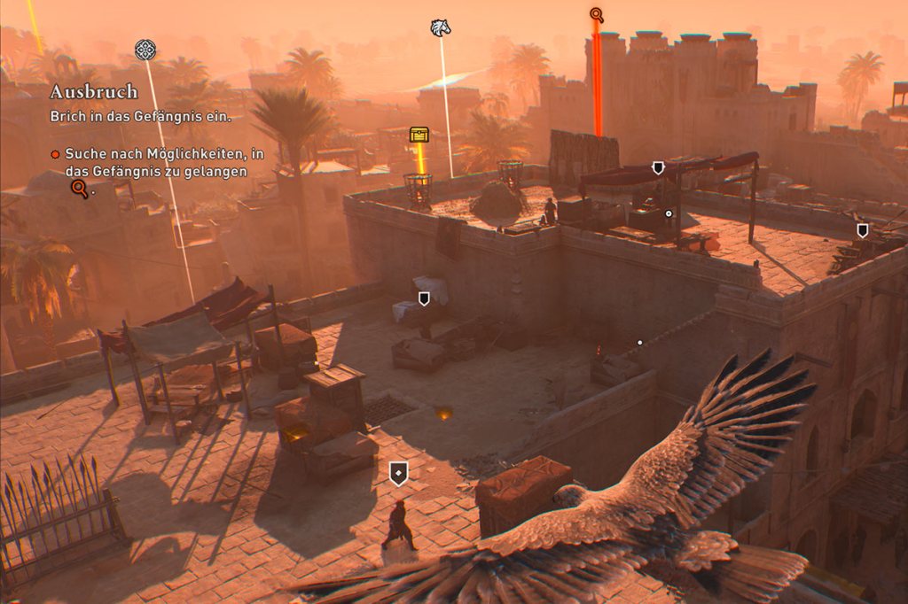 Ein Screenshot aus dem Spiel Assassin's Creed Mirage, zu sehen ist der Adler beim Auskundschaften einer feindlichen Basis.