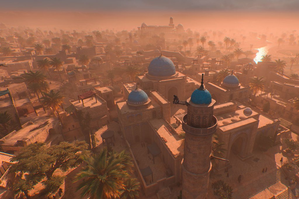 Ein Screenshot aus dem Spiel Assassin's Creed Mirage, zu sehen ist ein Stadtpanorama von Bagdad.