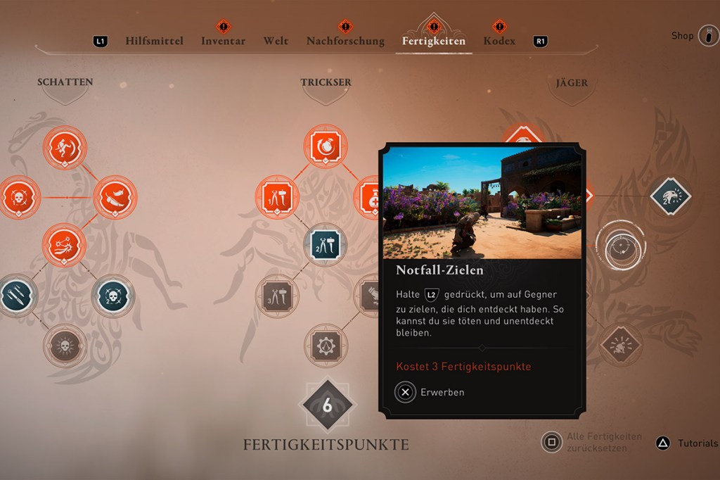 Ein Screenshot aus dem Spiel Assassin's Creed Mirage, zu sehen ist ist Basims Fähigkeitenbaum.