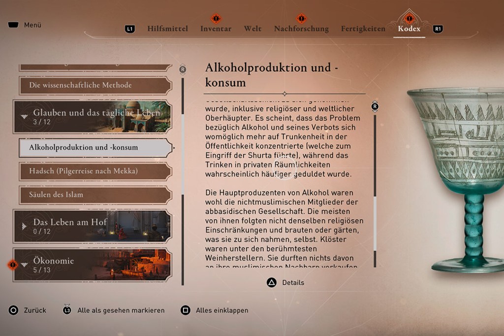 Ein Screenshot aus dem Spiel Assassin's Creed Mirage, zu sehen ist das lesenswerte Glossar des Spiels.