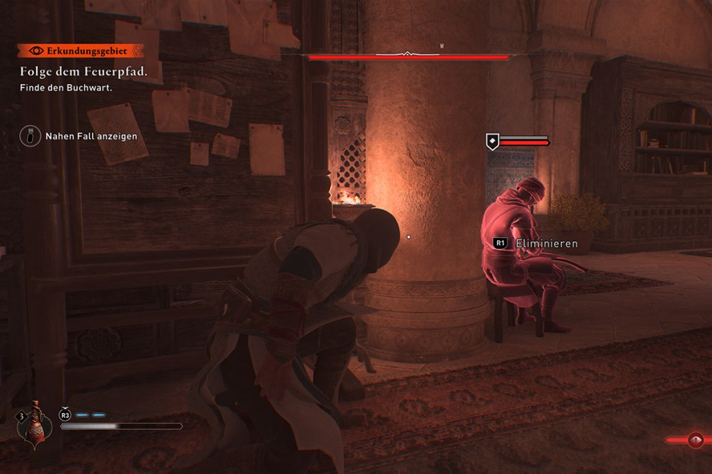 Ein Screenshot aus dem Spiel Assassin's Creed Mirage, zu sehen ist die Spielfigur kurz vor einem Stealth-Kill.