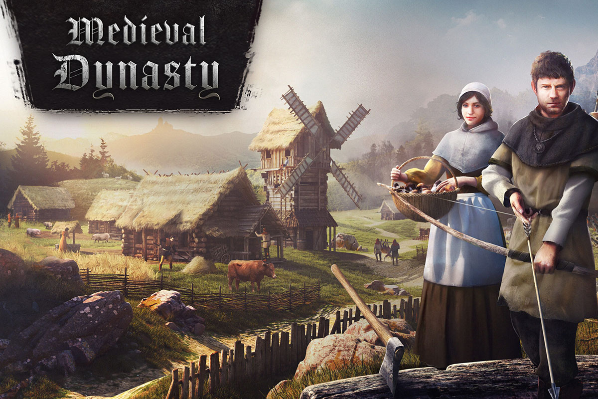 Das Artwork der Mittelalter-Simulation Medieval Dynasty. Rechts eine Bäuerin in Tracht und ein Jäger mit Bogen. Im Hintergrund eine Mühle und ein mittelalterlicher Hof.
