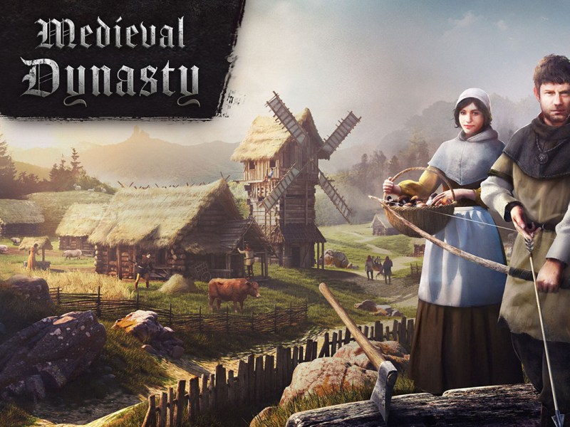 Das Artwork der Mittelalter-Simulation Medieval Dynasty. Rechts eine Bäuerin in Tracht und ein Jäger mit Bogen. Im Hintergrund eine Mühle und ein mittelalterlicher Hof.