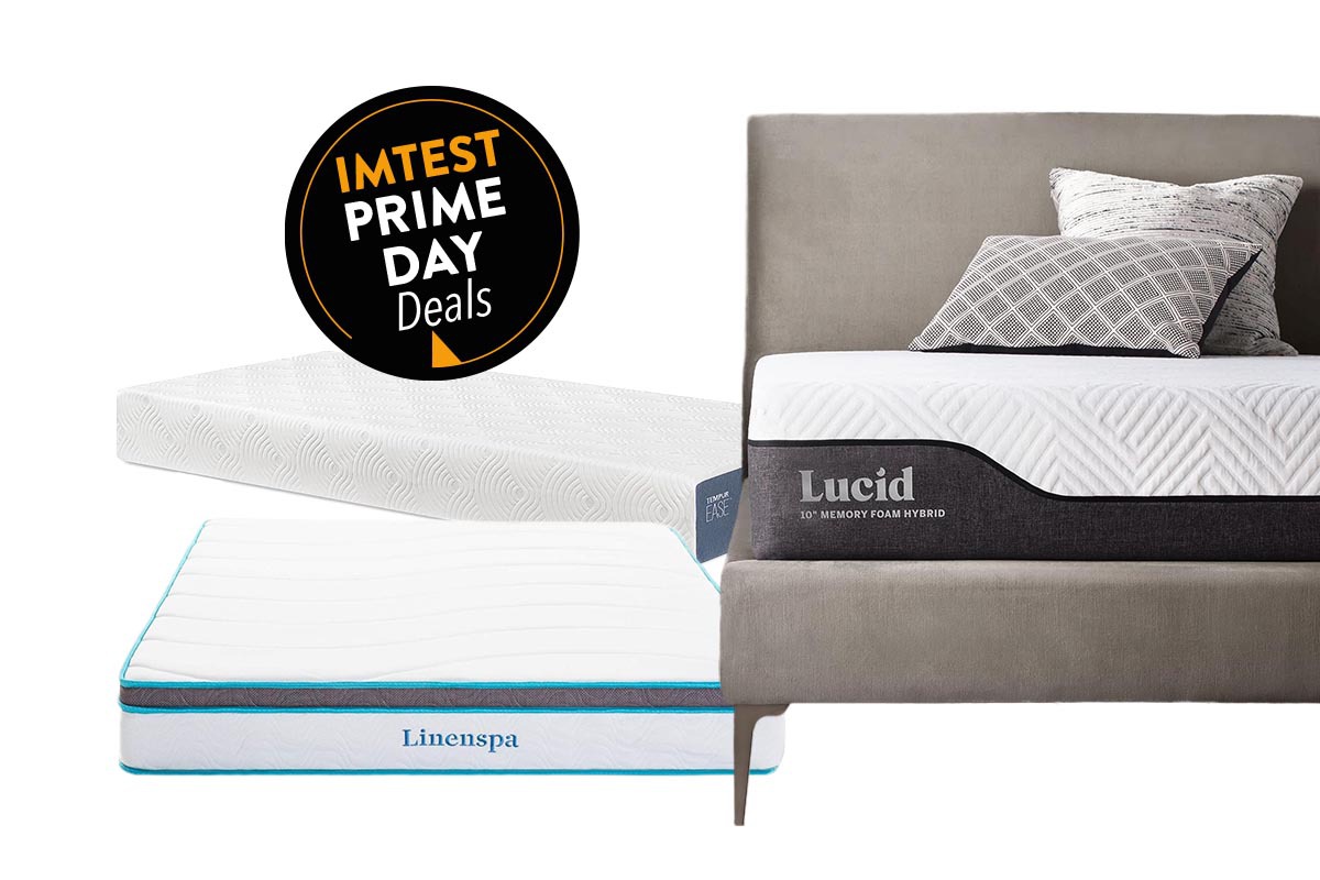 Drei Matratzen sind nebeneinander gereiht. Oben links ist ein Button mit dem Text "IMTEST Prime Day Deals".